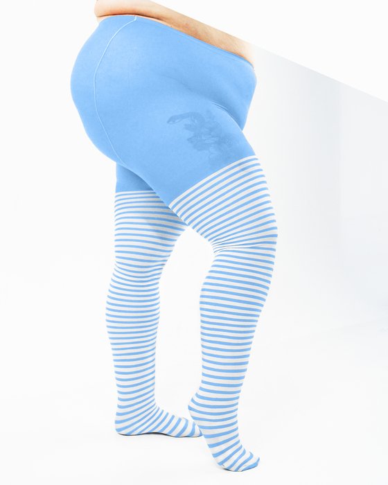 Sky Blue 1204 Plus White Striped White Stripes Sky Blue Tights