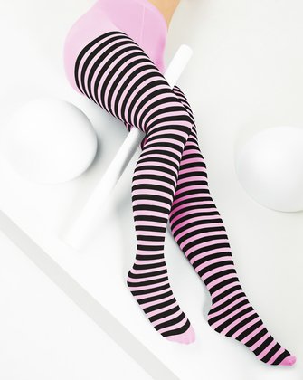Girls Striped Black & White Tights - Pink Princess